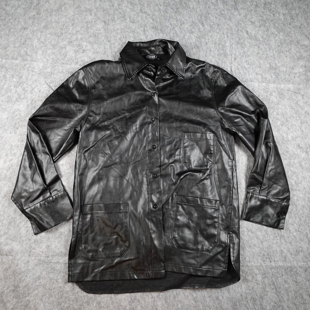 Cider Jacket Women Extra Small Black Faux Leather‎ Button Up Long Sleeve Shacket